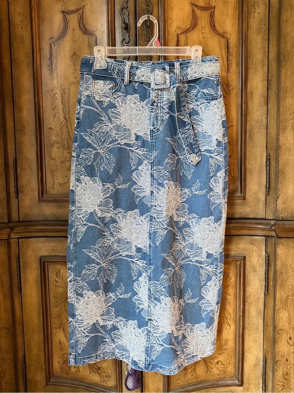 AVEC LES FILLES Denim Midi Skirt with White Floral Print